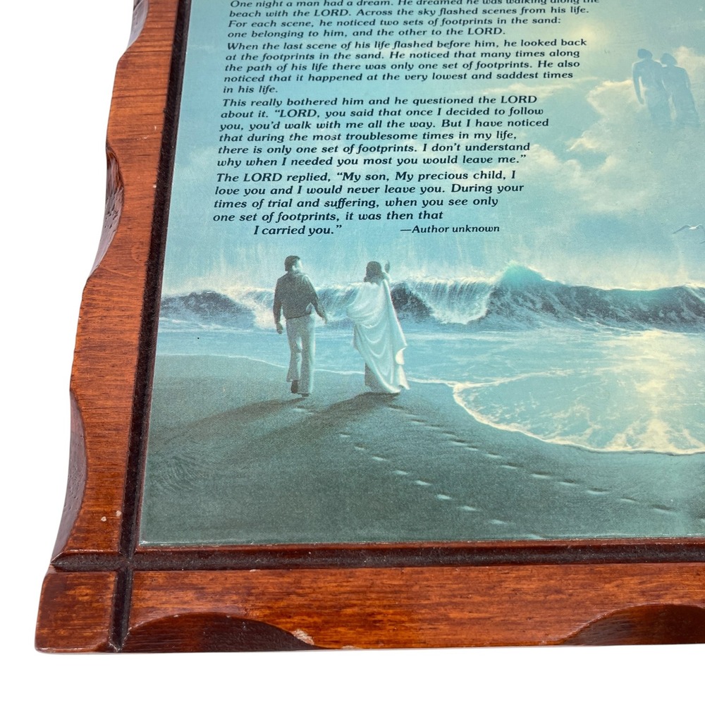 Vintage Dicksons Footprints in the Sand Wood Wall Plaque Poem Oil Painting Look - Picture 7 of 11